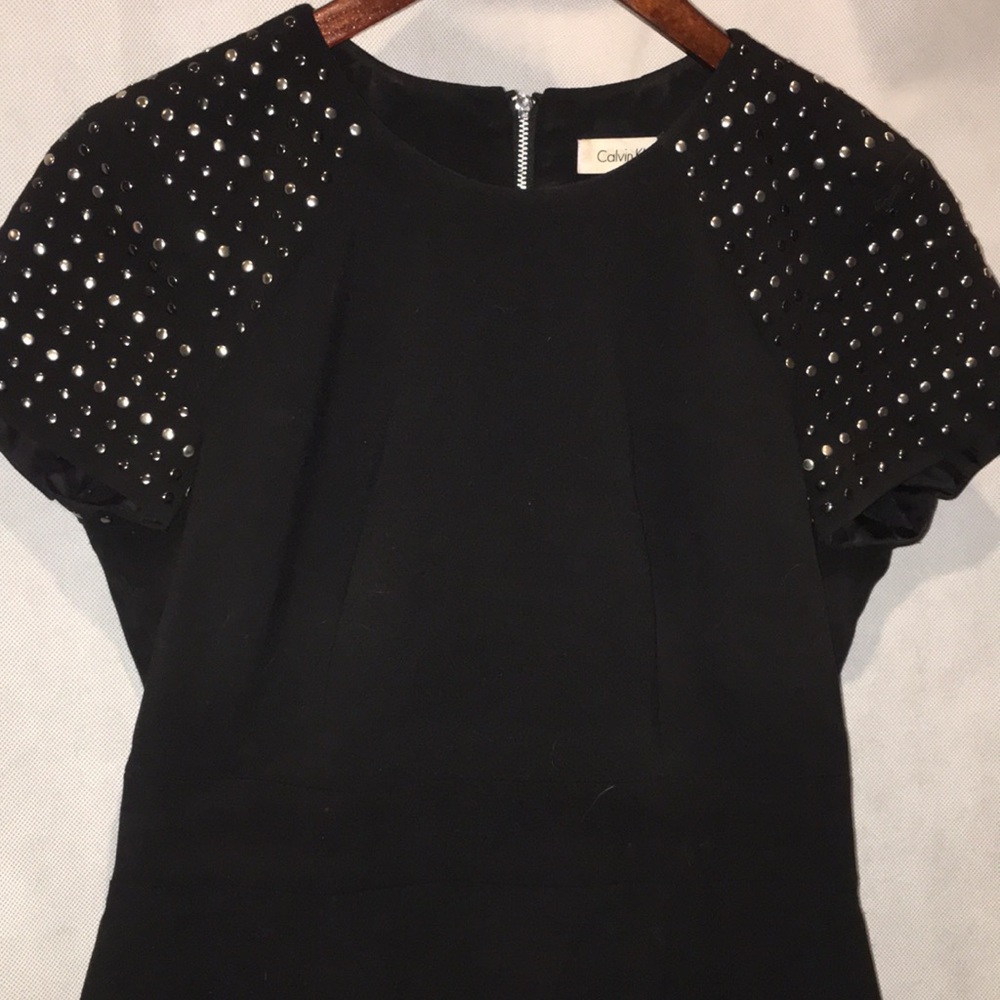 Calvin Klein Black Sheath Dress Metal Studded Shoulders Full Back Zipper | 6
